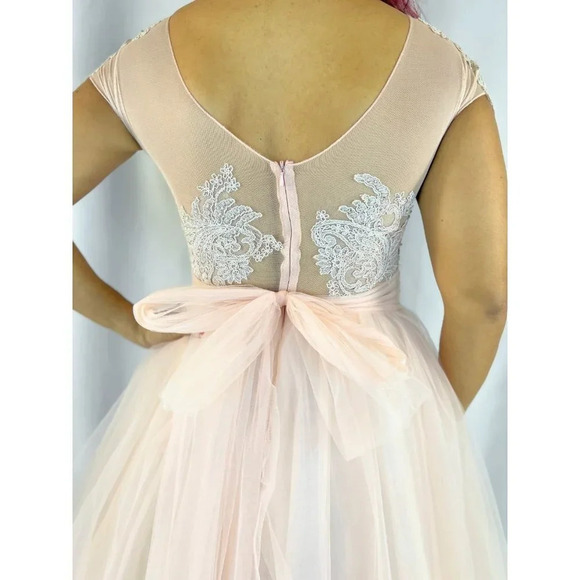 NEW O'Blanc Pink Silver Lace Tulle Formal Midi Dress $1440 - Picture 8 of 14